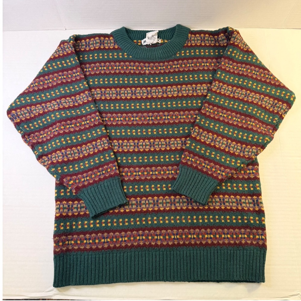 Vintage Michel Fair Isle Sweater Mens Medium Green Red Wool Blend Crewneck 90s